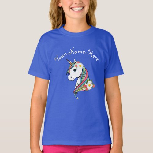 Add name White Daisies pink flowers unicorn T_Shirt