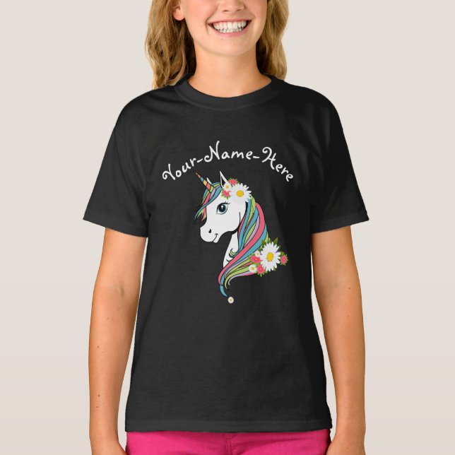 Add name White Daisies pink flowers unicorn T-Shirt (Front)