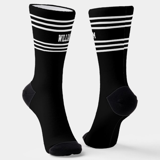 Add Name White Stripes on Black Socks (Angled)