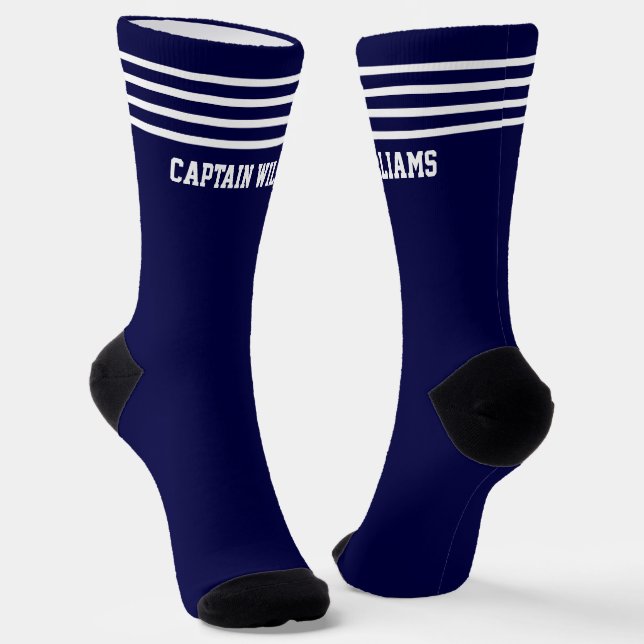 Add Name White Stripes on Navy Blue Socks (Angled)