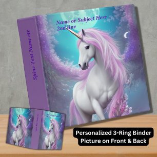 Add Name  White Unicorn with Purple Flowers & Moon 3 Ring Binder