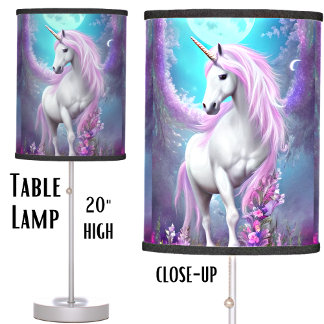 Add Name White Unicorn with Purple Flowers & Moon Table Lamp