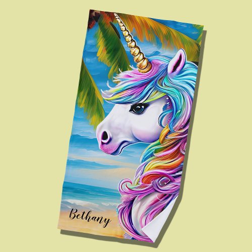 Add Name White Unicorn with Rainbow Mane at the  Beach Towel