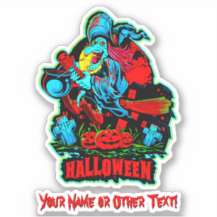 Add Name, Witch Broomstick Cauldron Pumpkins Grave Sticker