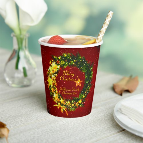 Add Name Year Christmas 20xx Gold Wreath on Red Paper Cups