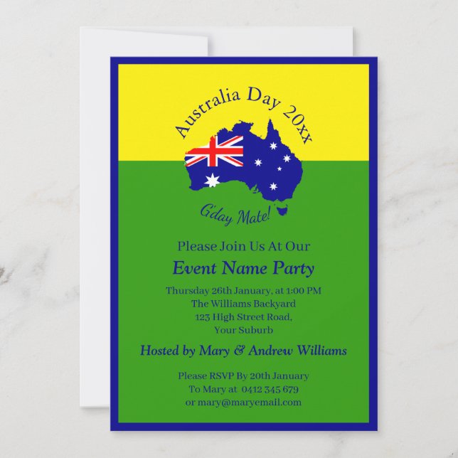 Add Name Year Date Australia Day Green Gold Party Invitation (Front)