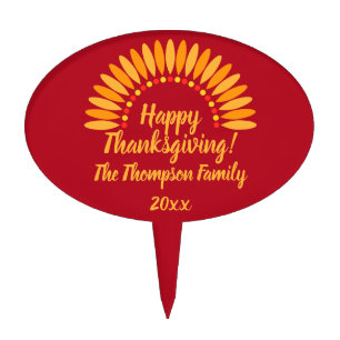 Add Name Year Happy Thanksgiving Yellows Red Cake Topper