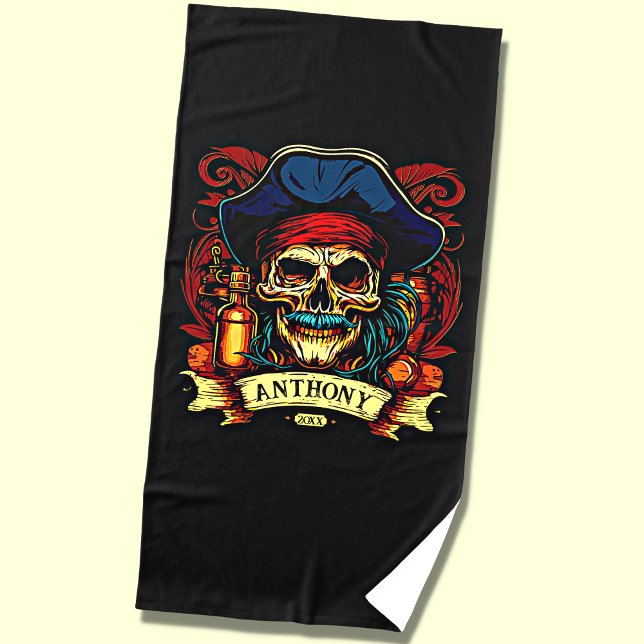 Add Name Year, Pirate Skull Face Blue Hat on Black Beach Towel (Creator Uploaded)