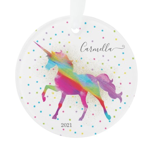 Add Name &amp; Year to Rainbow Gold Glitter Unicorn Ornament