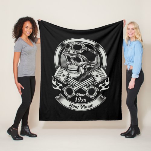 Add Name Year Vintage Biker Skull Crossed Pistons  Fleece Blanket