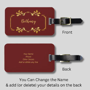 Add Name, Yellow Gold on Maroon Dark Red Luggage Tag
