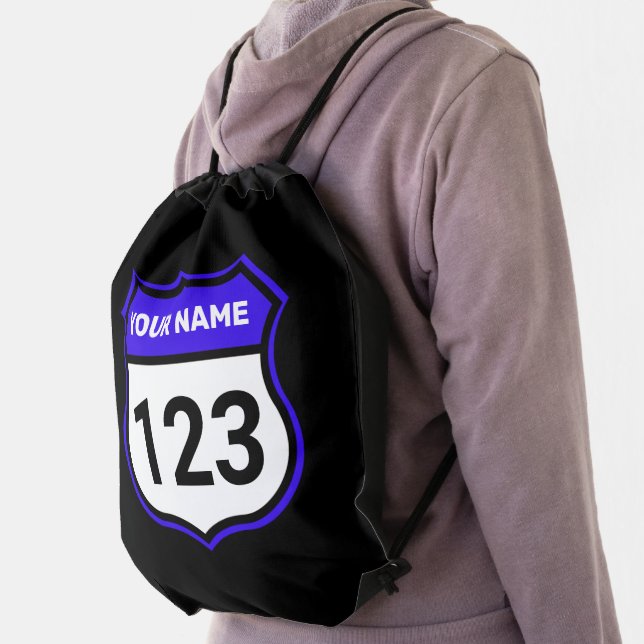 Add Name Your Number Racing Identification Blue    Drawstring Bag (Insitu)