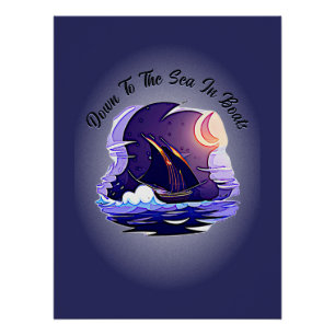 Add Name Your Text, Sailing Ship, Clouds Moon Blue Poster