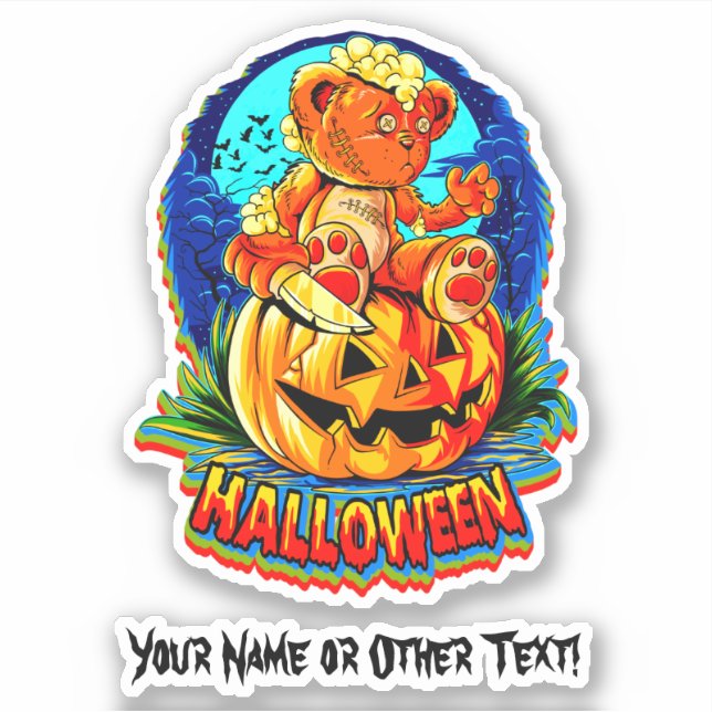 Add Name Zombie Teddy Bear Pumpkin Knife Halloween Sticker (Front)