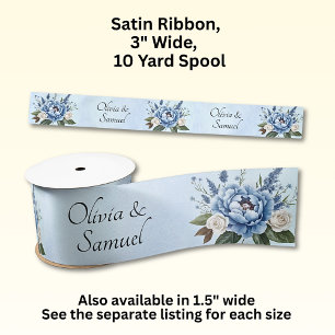 Add Names, 3" wide Blue Peony Wedding Suite Satin Ribbon