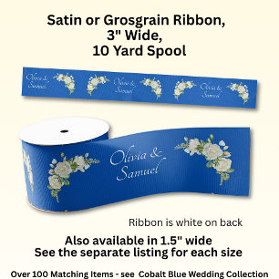 Add Names, 3" Wide Cobalt Blue White Roses Grosgrain Ribbon