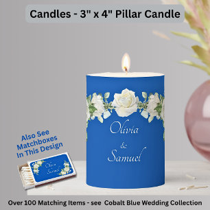 Add Names, 3" x 4" Cobalt Blue & White Roses Pillar Candle