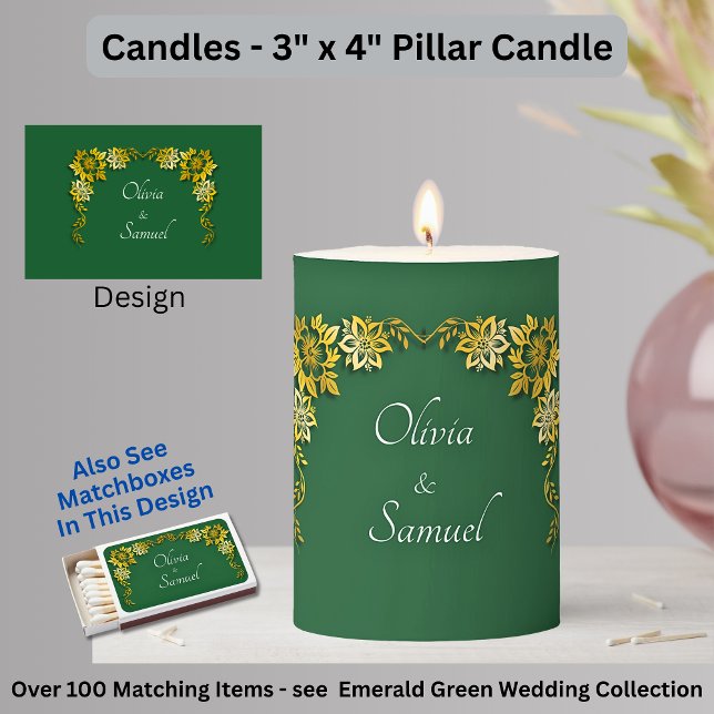 Add Names, 3" x 4" Emerald Green & Gold Pillar Candle (Creator Uploaded)
