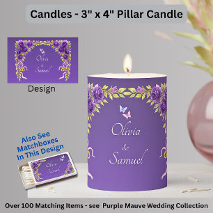 Add Names, 3" x 4" Purple Mauve Flowers & White Pillar Candle