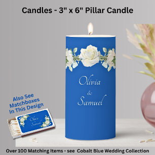 Add Names, 3" x 6" Cobalt Blue & White Roses Pillar Candle