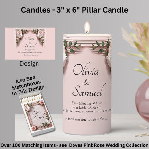 Add Names, 3" x 6" Doves & Pink Roses Pillar Candle