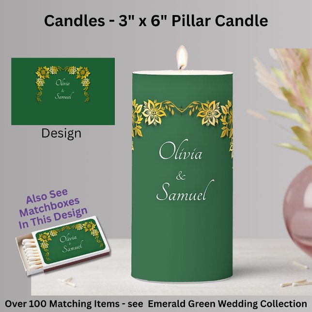 Add Names, 3" x 6" Emerald Green & Gold Pillar Candle (Creator Uploaded)