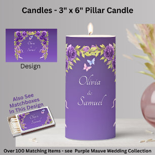 Add Names, 3" x 6" Purple Mauve Flowers & White Pillar Candle