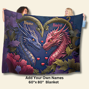 Add Names, Blue & Pink Couples Dragon Fleece Blanket