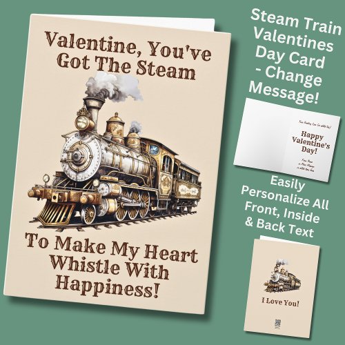 Add Names Brown Steam Train Engine Valentines Day Card