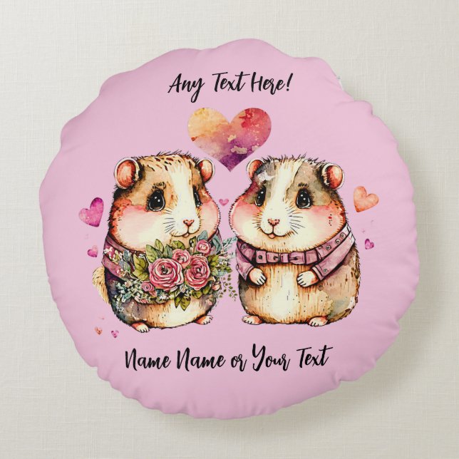Add Names Change ALL Text Guinea Pigs Valentines + Round Pillow (Back)