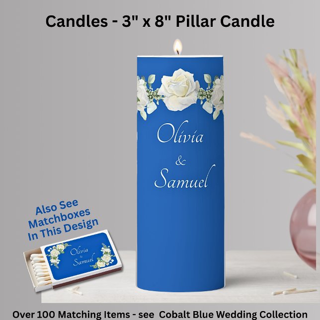 Add Names, Cobalt Blue White Roses 3" x 8" Pillar Candle (Creator Uploaded)