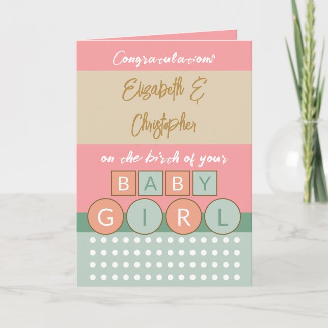Add names coral green new baby girl card (Front)