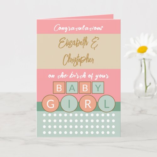 Add names coral green new baby girl card
