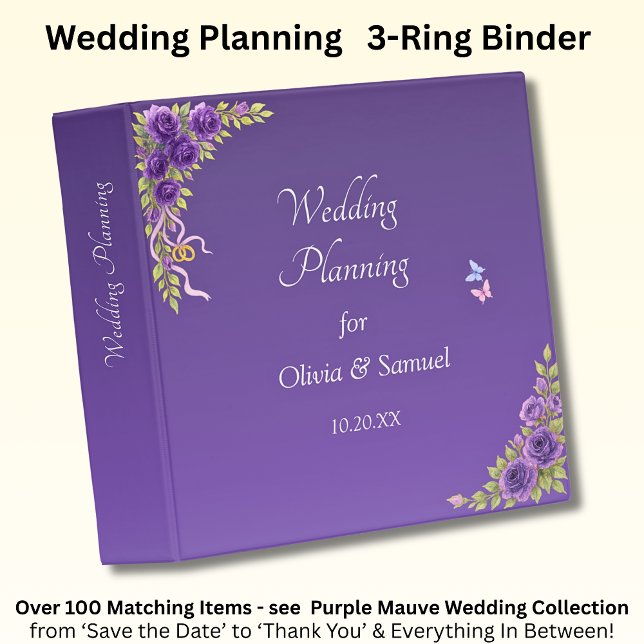 Add Names Date, Purple Mauve Flowers & White 3 Ring Binder (Creator Uploaded)