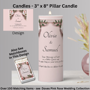 Add Names, Doves & Pink Roses 3" x 8" Pillar Candle