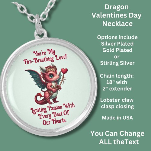 Add Names Dragon Valentines Day Red Heart    Silver Plated Necklace