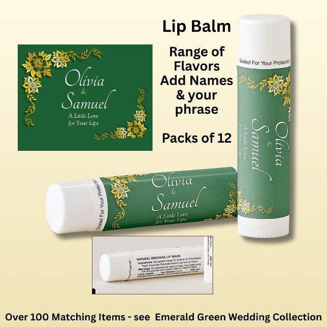 Add Names, Emerald Green & Gold Wedding  Lip Balm (Creator Uploaded)