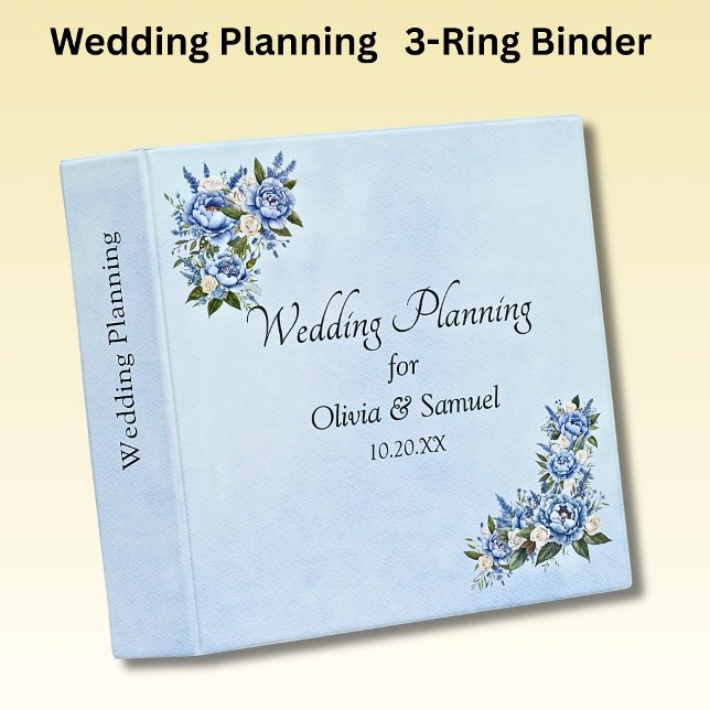 Add Names Etc Blue Peony on Blue Wedding 3 Ring Binder (Creator Uploaded)