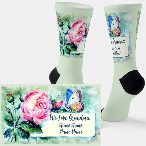 Add Names Grandmother Pink Rose Floral Pale Blue Socks