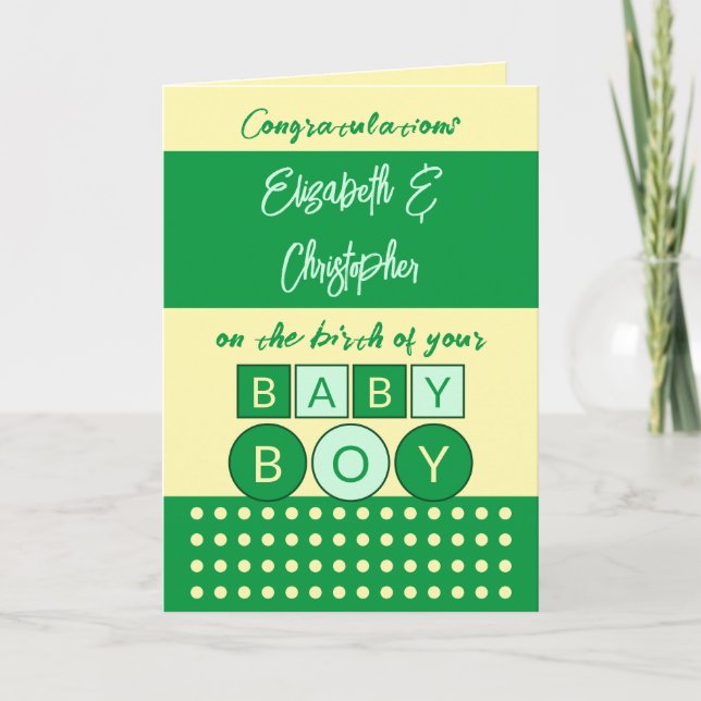 Add names green yellow new baby boy card (Front)