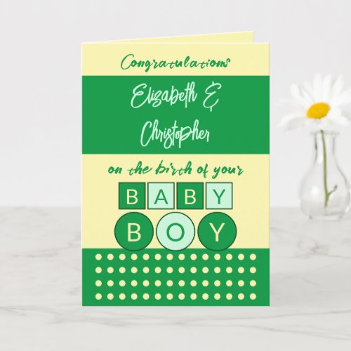 Add names green yellow new baby boy card