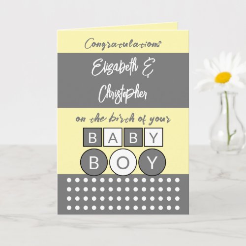 Add names grey yellow new baby boy card