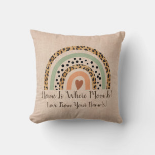 Add Names Home is Where Mom Leopard Rainbow Beige Throw Pillow