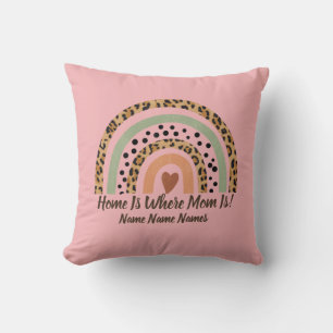Add Names Home Is Where Mom Leopard Rainbow Pink Throw Pillow