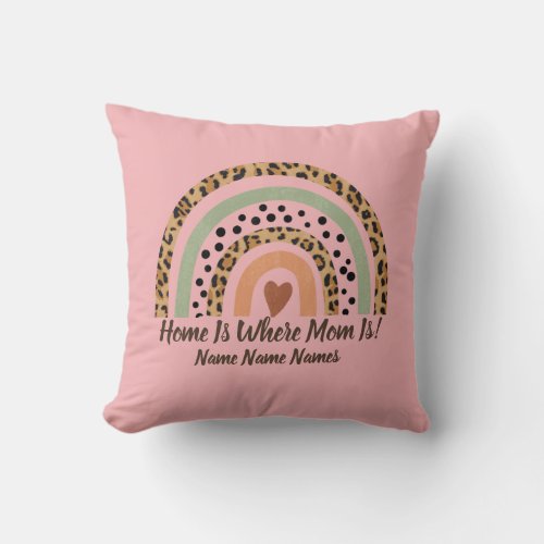 Add Names Home Is Where Mom Leopard Rainbow Pink Throw Pillow