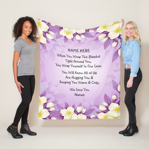 Add Names Love Hug Wrap Purple Floral  Fleece Blanket
