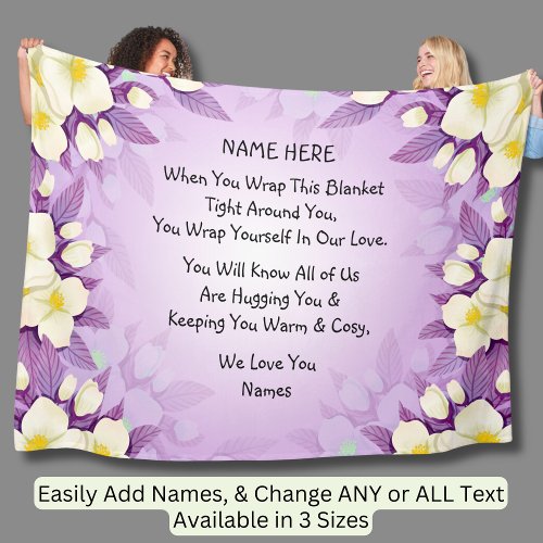 Add Names Love Hug Wrap Purple Floral Large  Fleece Blanket