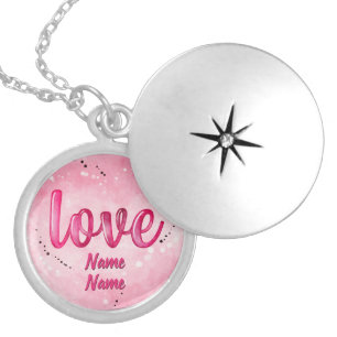 Add Names LOVE Word Cloud Pink Valentines Day Locket Necklace
