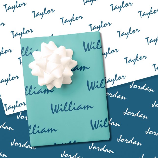 Add Names on Teal Blue White Wrapping Paper (perspectives of a wrapping paper set)