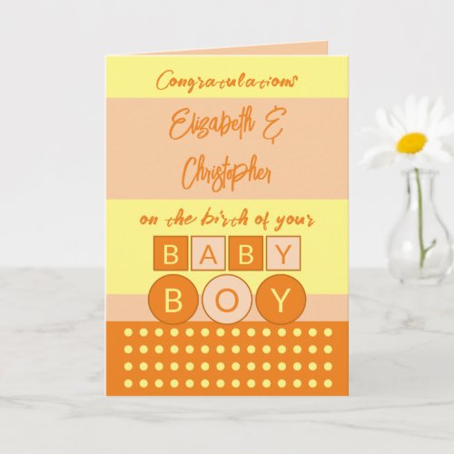 Add names orange yellow new baby boy card
